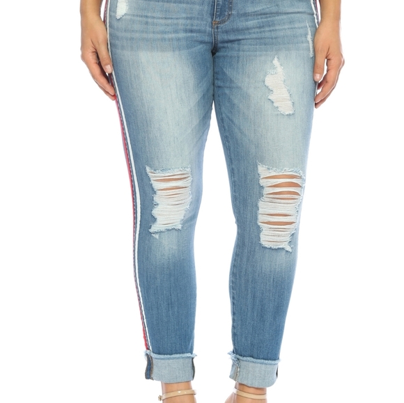 ♥️14 16 18 Plus♥️Mid Destroyed Crop Racer Stripe - Picture 3 of 8